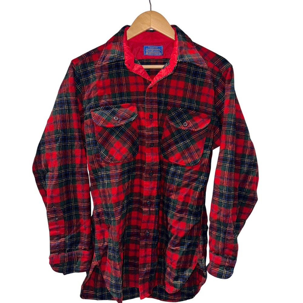 Pendleton Country Traditionals Mens Medium Red Green Plaid Wool Flannel Shirt